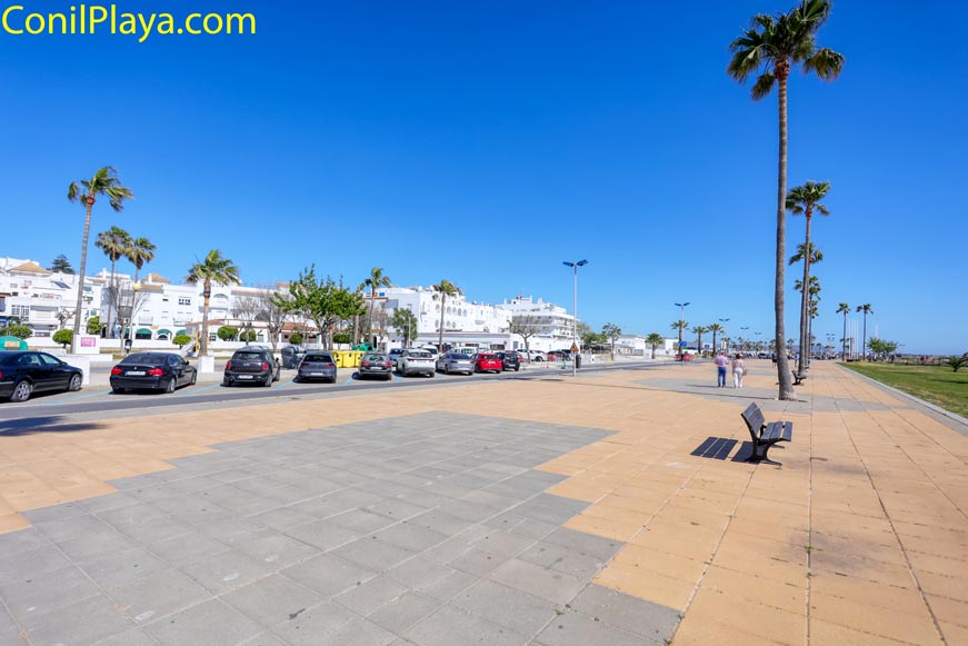 Aparcamiento urbano junto a paseo peatonal de Conil con palmeras y bancos