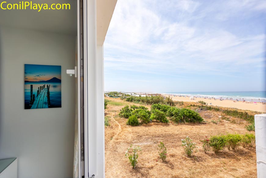 Vista desde ventana hacia la playa con vegetación y arena visible