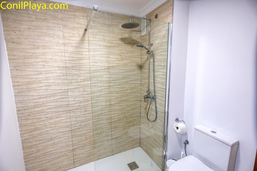 Ducha de pared moderna junto a inodoro dentro del cuarto de baño