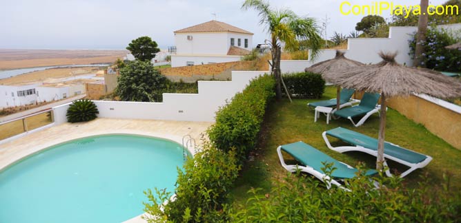 piscina y zona ajardinada con tumbonas