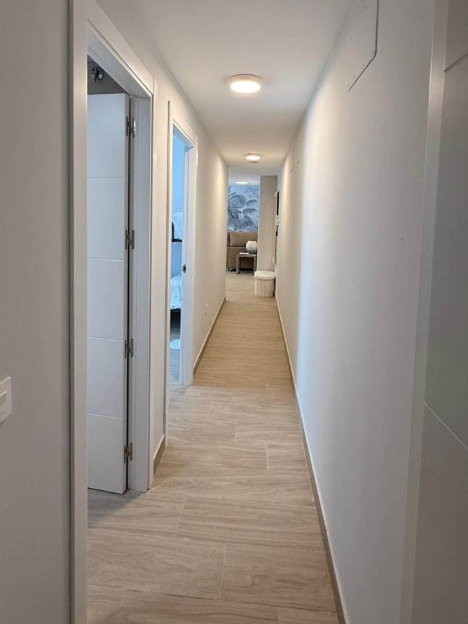 Pasillo de vivienda moderno con puertas y vista parcial al salón