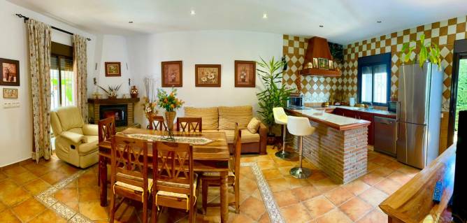 salón con mesa comedor, sofá y la cocina al fondo.