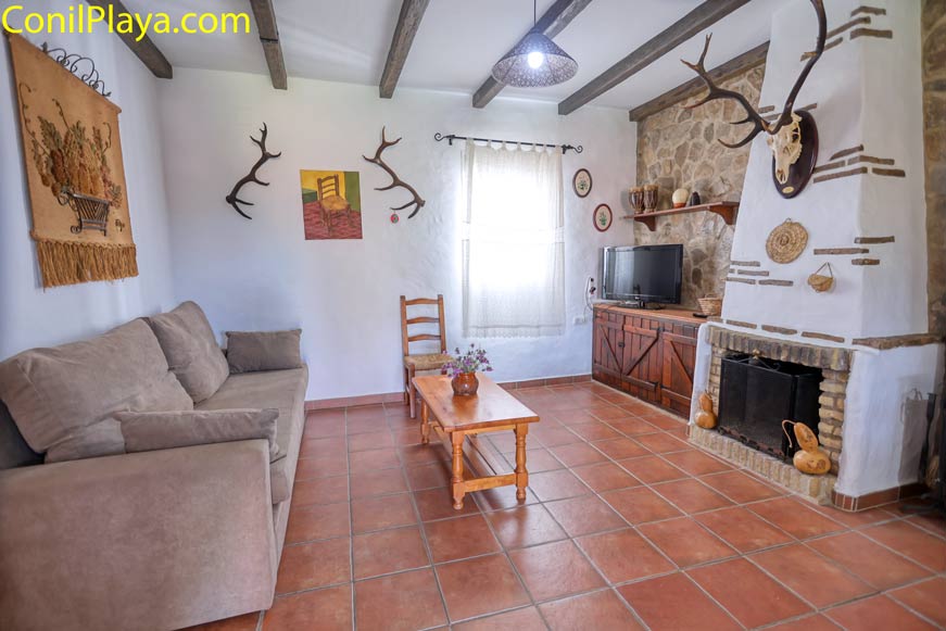 Salón rústico con chimenea decorativa, sofá y mesa de madera vista central