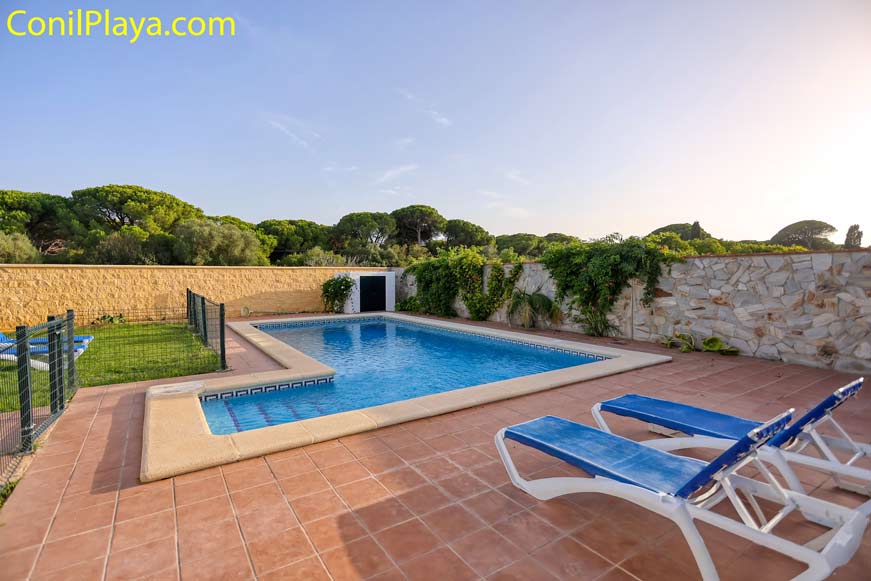 Piscina con escalones y tumbonas