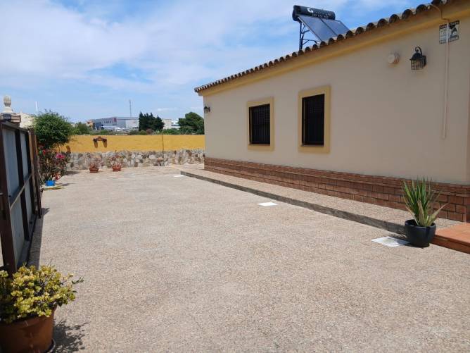 Amplio aparcamiento exterior con plantas decorativas en macetas