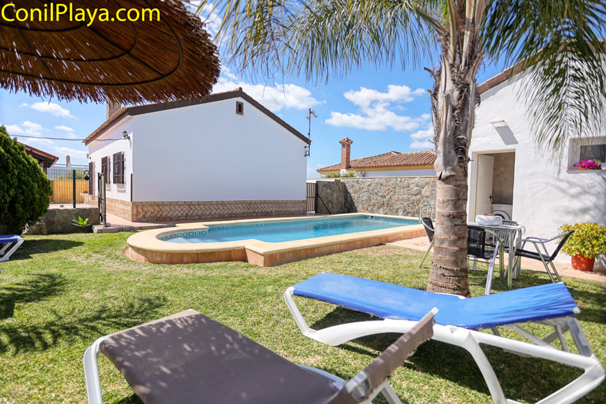 Jardín con tumbonas, piscina y casa en alquiler chalet en Conil de la Frontera