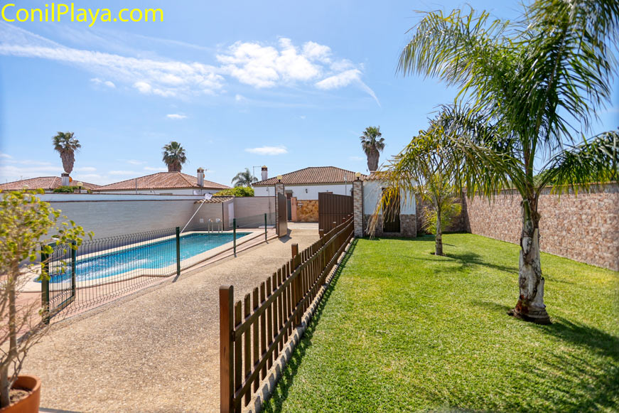 Piscina vallada junto a jardín con césped y palmeras en zona residencial
