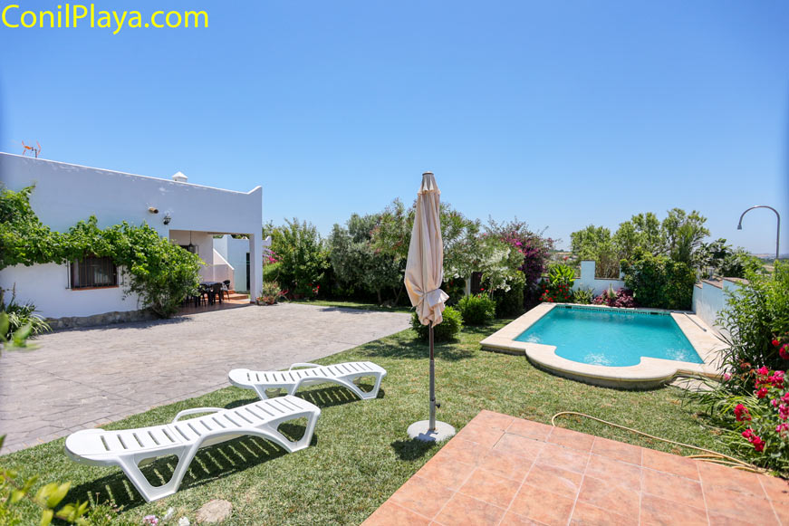 Vista de la piscina privada con tumbonas y zonas ajardinadas.
