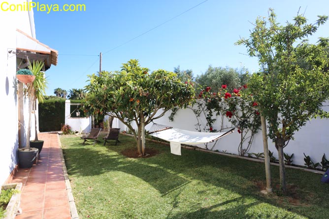 Ámplio jardín con césped. El árbol tiene un columpio.