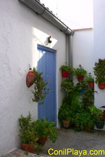 Puerta de una casa tradicional de Conil adornada con geranios.