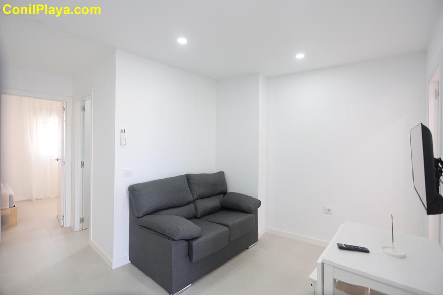 Salón moderno sofá gris mesa pequeña televisión pared blanca