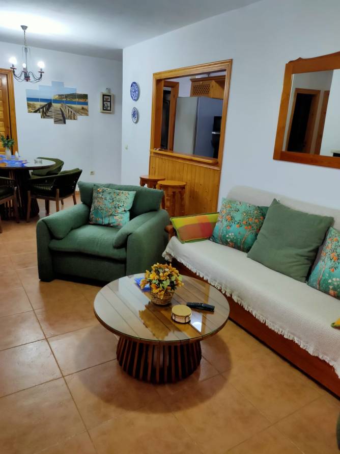 Salón acogedor con sofá, sillón y mesa baja de madera