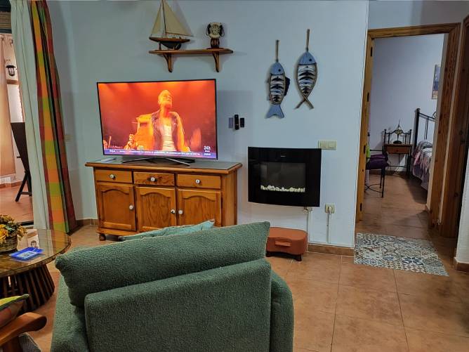 Salón acogedor con televisión encendida y chimenea y acceso a dormitorio