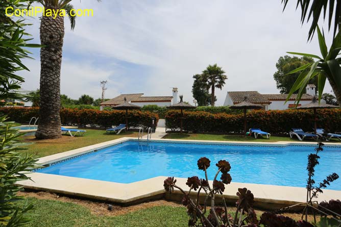 La piscina y los chalets al fondo.