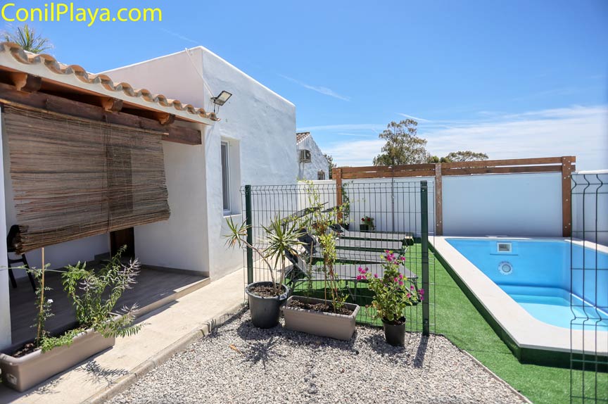 Patio exterior con piscina pequeña, plantas en macetas, banco y porche cubierto junto a casa blanca