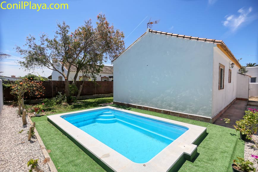 Piscina rectangular en jardín junto a una casa, rodeada de césped artificial y algunos árboles y plantas.