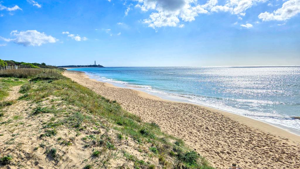 Playa de Zahora con el Faro de Trafalgar al fondo.